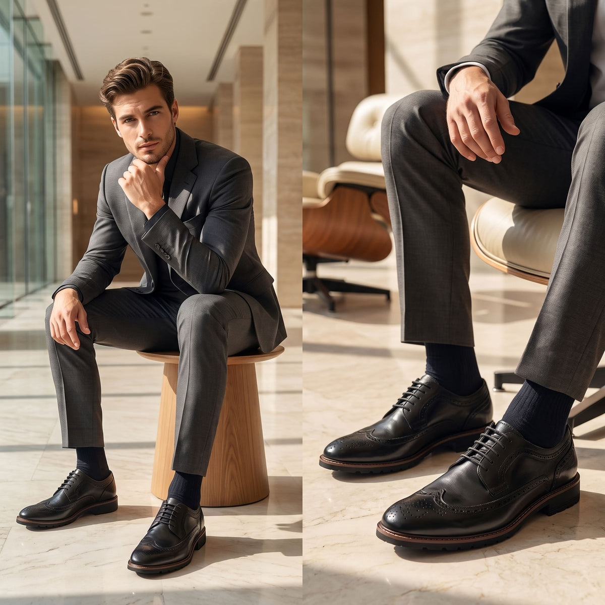 FORCIANO CELSUS Elevator Dress Shoes in black premium leather worn with a dark suit in an indoor formal lifestyle scene.