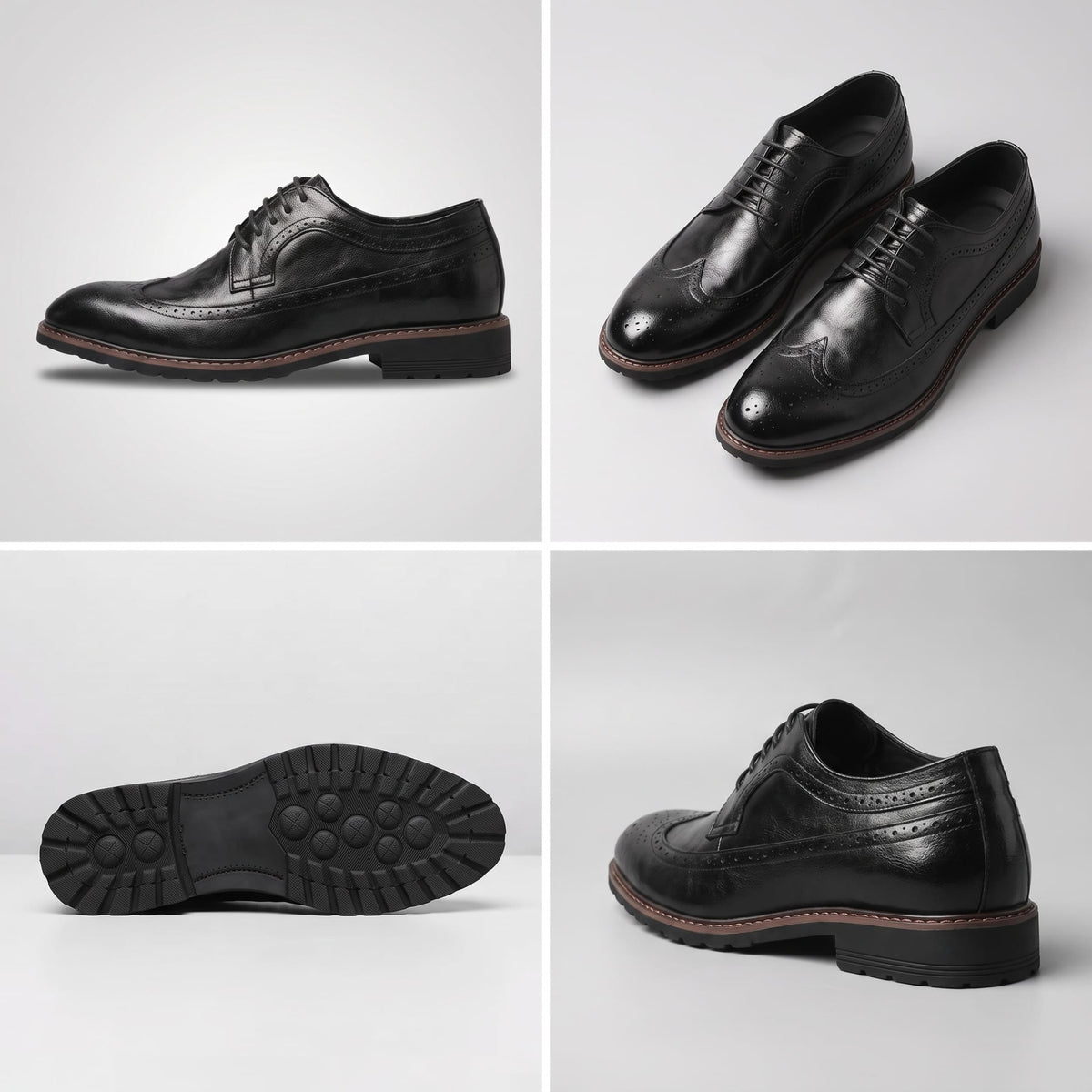 FORCIANO CELSUS Elevator Dress Shoes in black premium leather shown in a multi-view collage with side, pair, outsole and rear-angle views.