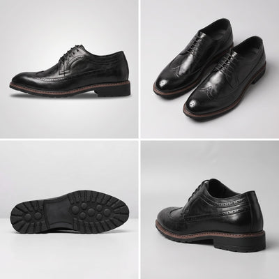 FORCIANO CELSUS Elevator Dress Shoes in black premium leather shown in a multi-view collage with side, pair, outsole and rear-angle views.