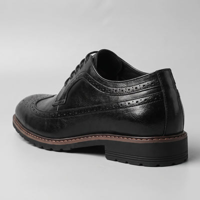 FORCIANO CELSUS Elevator Dress Shoes in black premium leather shown from the rear three-quarter angle with heel and side detailing visible.