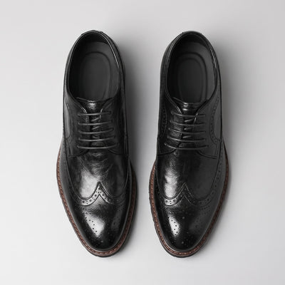 FORCIANO CELSUS Elevator Dress Shoes in black premium leather shown as a pair from the top view with laces and perforated toe detailing.