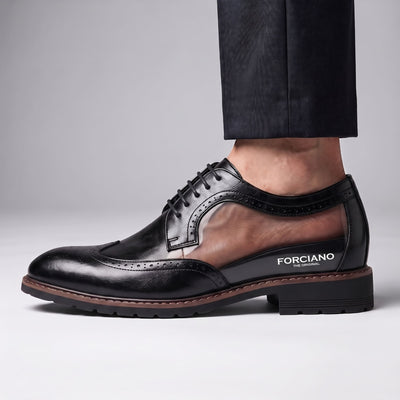 FORCIANO CELSUS Elevator Dress Shoes in black premium leather shown on foot with a cutaway-style side section revealing foot placement.