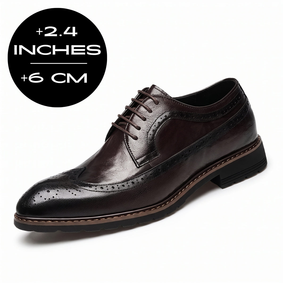 FORCIANO CELSUS Elevator Dress Shoes in brown premium leather shown with a 6 cm / 2.4" height increase graphic.
