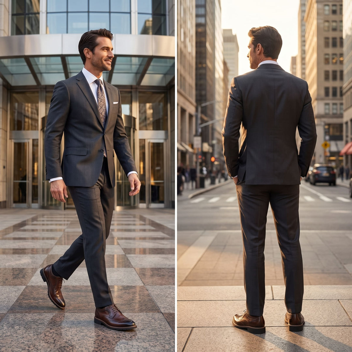 FORCIANO CELSUS Elevator Dress Shoes in brown premium leather worn with a formal suit in front and rear city lifestyle views.