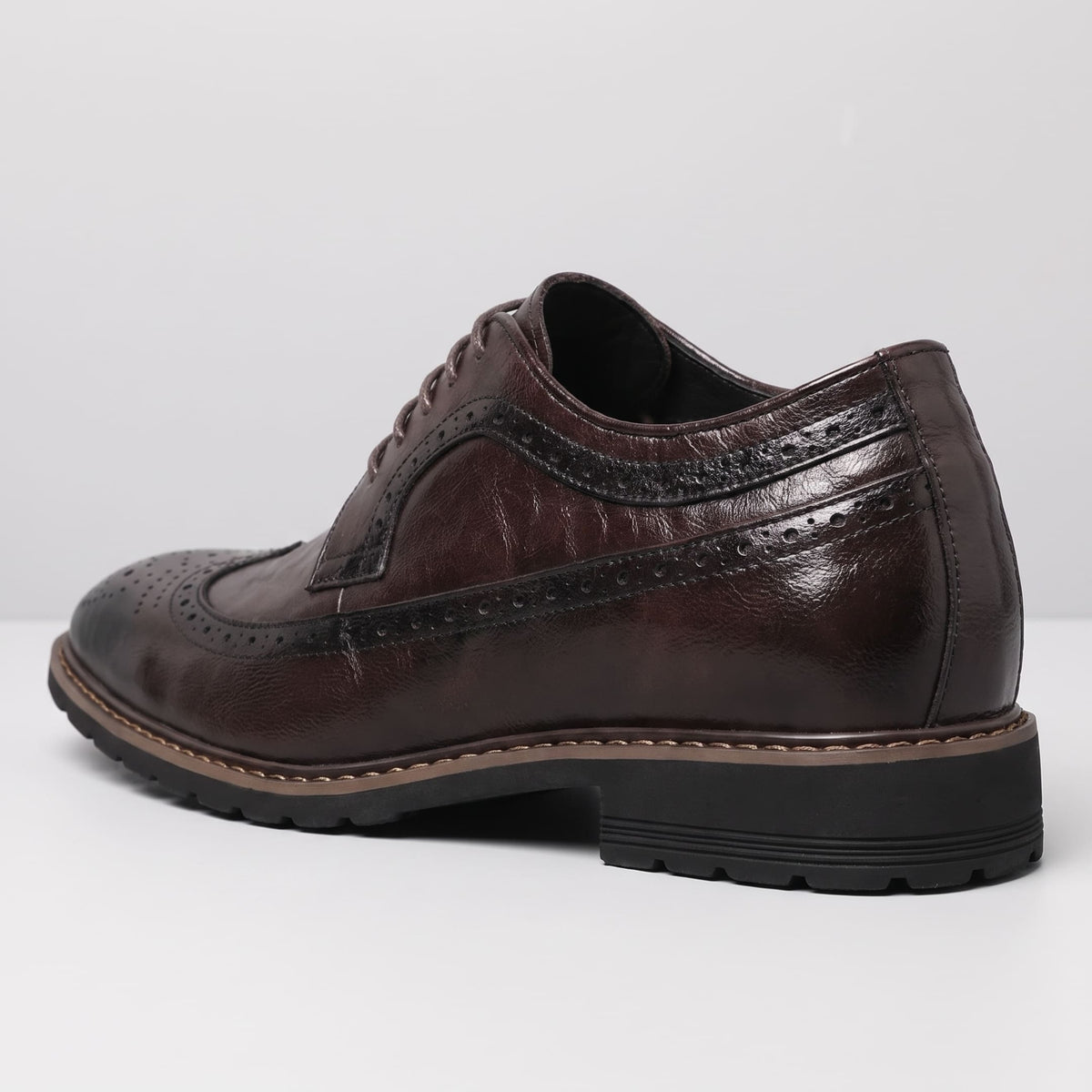 FORCIANO CELSUS Elevator Dress Shoes in brown premium leather shown from the rear three-quarter angle with the heel profile visible.