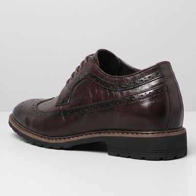 FORCIANO CELSUS Elevator Dress Shoes in brown premium leather shown from the rear three-quarter angle with the heel profile visible.