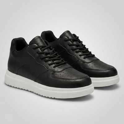 FORCIANO CHAMPION black height increasing sneakers shown as a pair from a front angle with black lace-up uppers and white raised soles.