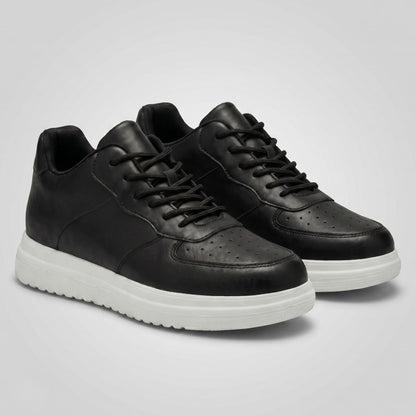 FORCIANO CHAMPION black height increasing sneakers shown as a pair from a front angle with black lace-up uppers and white raised soles.