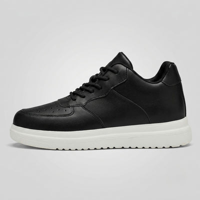 FORCIANO CHAMPION black sneaker shown from the side with black laces, perforated toe detailing, and a contrasting white raised sole.