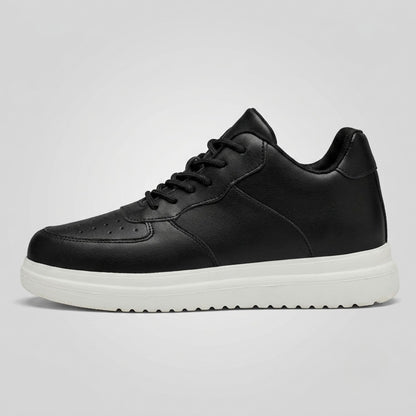 FORCIANO CHAMPION black sneaker shown from the side with black laces, perforated toe detailing, and a contrasting white raised sole.
