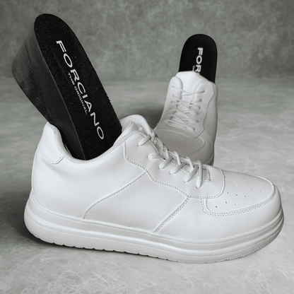 FORCIANO CHAMPION white Elevator Sneakers shown as a pair with black FORCIANO lift inserts visibly positioned inside the shoes.