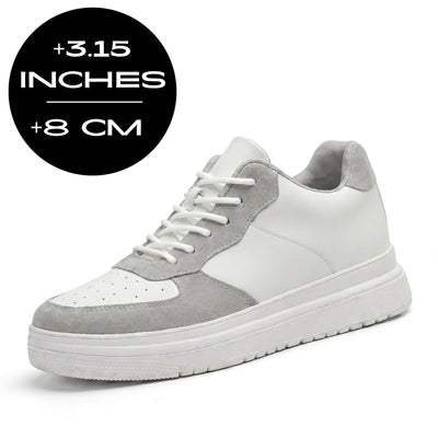 FORCIANO CHAMPION white and gray height increasing sneaker shown at a three-quarter angle with the 3.15 inches / 8 cm height graphic visible.