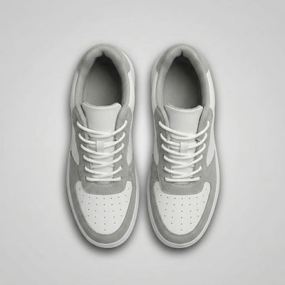 FORCIANO CHAMPION white and gray Hidden Lift Sneakers shown as a pair from the top with gray trim, white laces, and perforated toes.