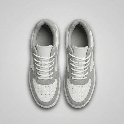 FORCIANO CHAMPION white and gray Hidden Lift Sneakers shown as a pair from the top with gray trim, white laces, and perforated toes.