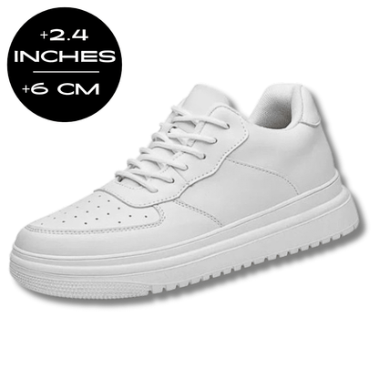 FORCIANO CHAMPION white height increasing sneaker with lace-up front and raised sole shown with the 2.4 inches / 6 cm height graphic.
