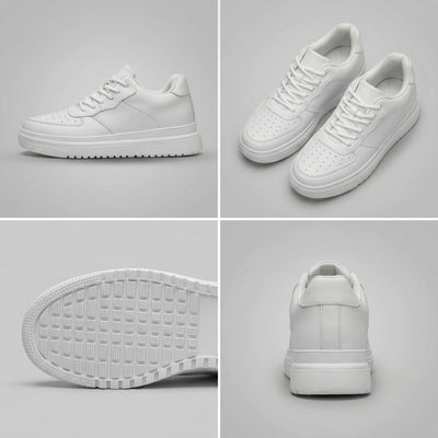 FORCIANO CHAMPION white sneakers shown in a four-view collage with side profile, pair angle, textured outsole, and rear heel view.