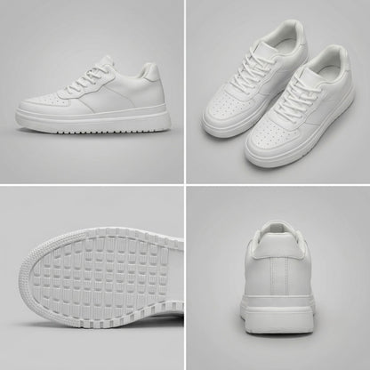 FORCIANO CHAMPION white sneakers shown in a four-view collage with side profile, pair angle, textured outsole, and rear heel view.