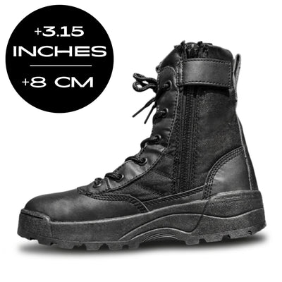 FORCIANO COMMAND Height Increasing Boots in black, side profile with premium upper, lace-up design, side zipper and 3.15 inches / 8 cm height graphic.
