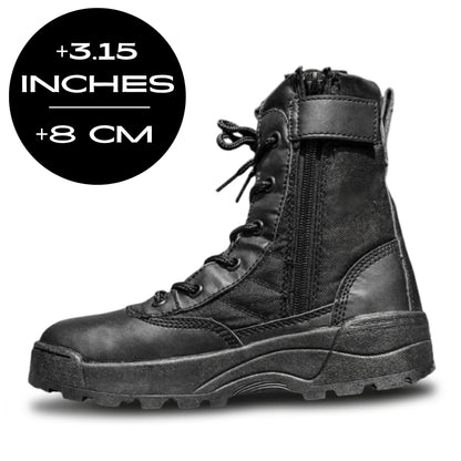 FORCIANO COMMAND Height Increasing Boots in black, side profile with premium upper, lace-up design, side zipper and 3.15 inches / 8 cm height graphic.