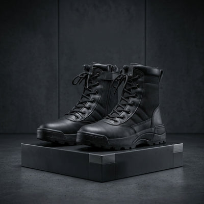 FORCIANO COMMAND Height Increasing Boots in black, pair arranged on a dark pedestal with premium uppers, laces and high-top construction.