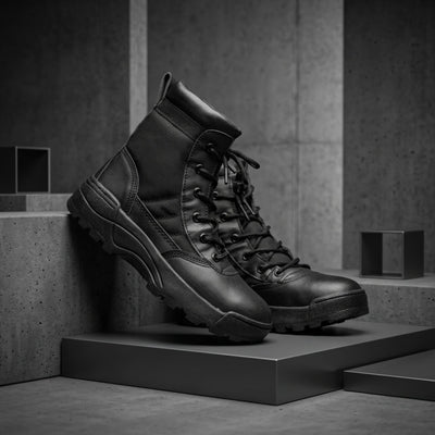 FORCIANO COMMAND Height Increasing Boots in black, pair displayed at front and side angles with premium uppers, lace-up fronts and treaded soles.