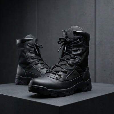 FORCIANO COMMAND Height Increasing Boots in black, pair shown from a front three-quarter angle with premium uppers, lace-up fronts and treaded soles.