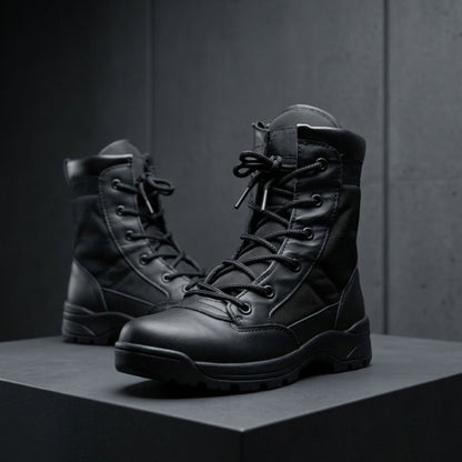 FORCIANO COMMAND Height Increasing Boots in black, pair shown from a front three-quarter angle with premium uppers, lace-up fronts and treaded soles.