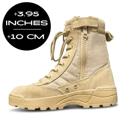 FORCIANO COMMAND Height Increasing Boots in khaki, side profile with premium upper, side zipper and 3.95 inches / 10 cm height graphic.