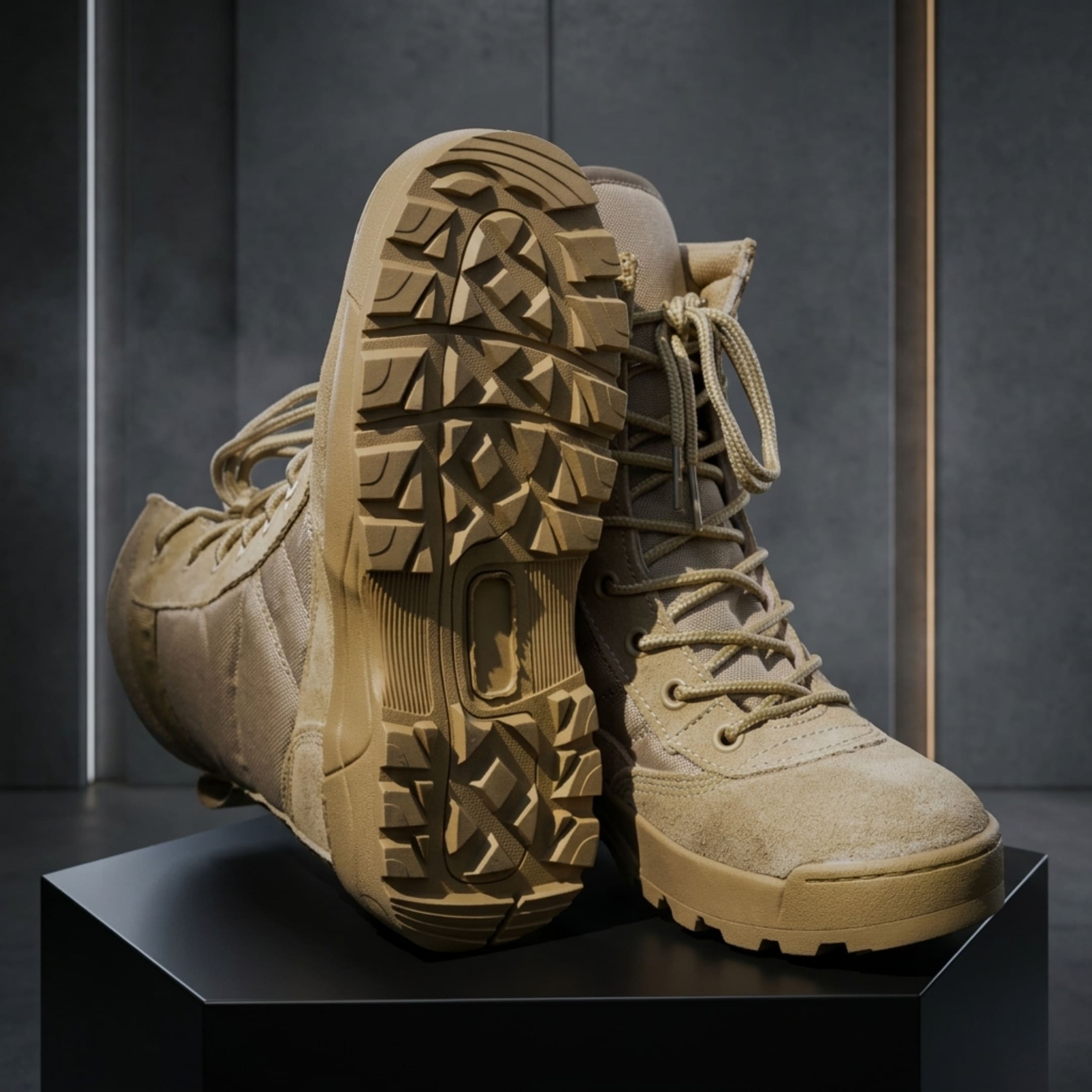 FORCIANO COMMAND Height Increasing Boots in khaki, pair arranged with one treaded outsole facing forward beside a premium-upper boot.