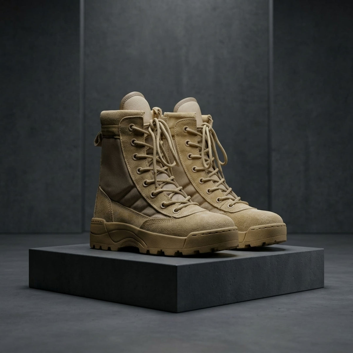 FORCIANO COMMAND Height Increasing Boots in khaki, pair displayed on a pedestal from a front three-quarter angle with premium uppers and laces.