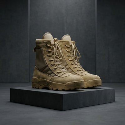 FORCIANO COMMAND Height Increasing Boots in khaki, pair displayed on a pedestal from a front three-quarter angle with premium uppers and laces.