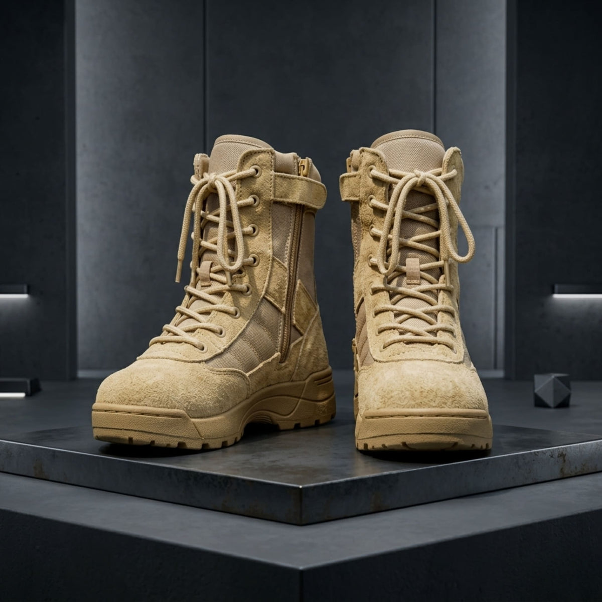 FORCIANO COMMAND Height Increasing Boots in khaki, pair shown from the front with premium uppers, high-top lace-up design and side zippers.