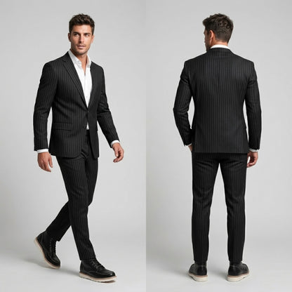 FORCIANO CONQUER black height increasing boots worn with a black pinstripe suit in front and rear formal lifestyle views, with light-colored outsoles visible.