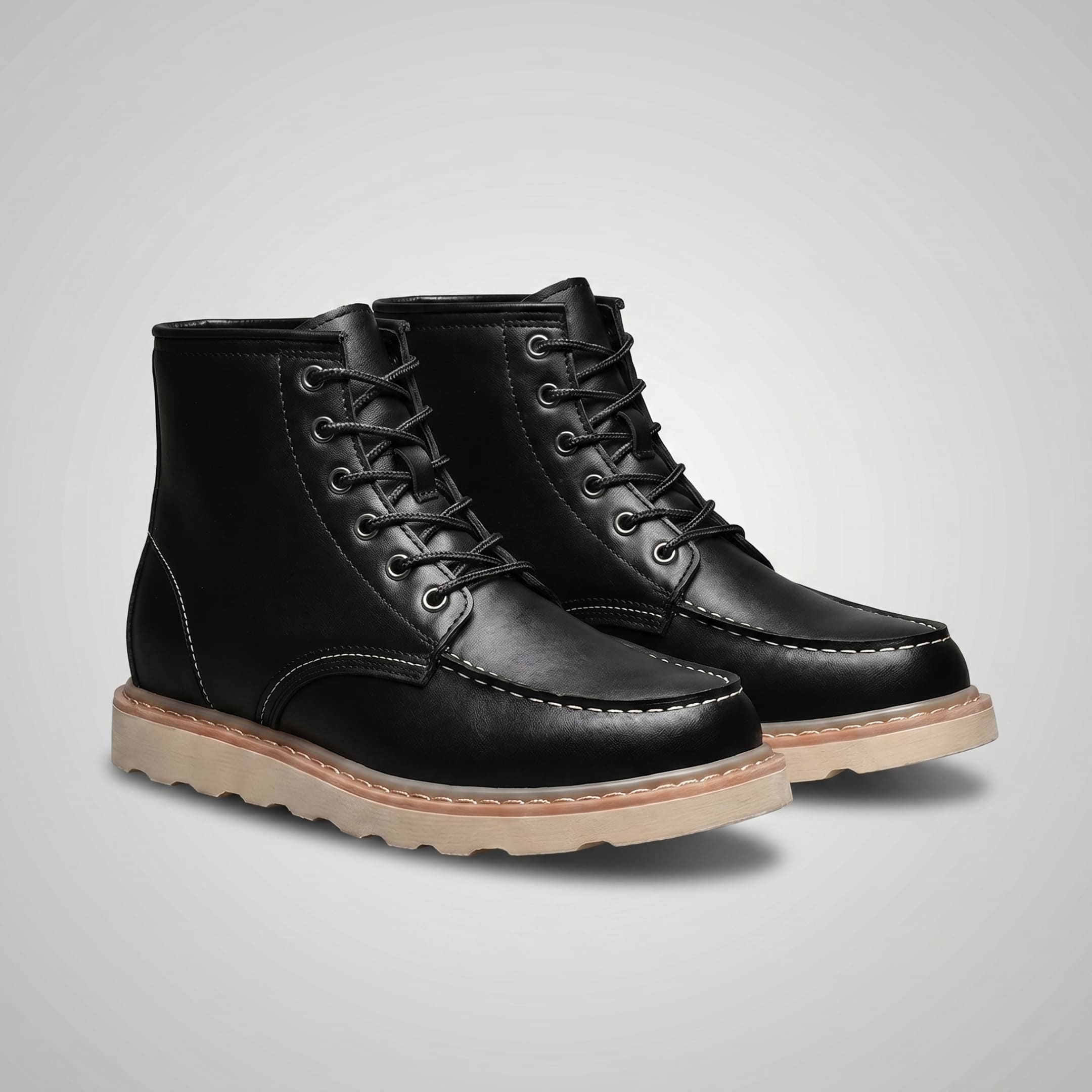 FORCIANO CONQUER black height increasing boots shown as a pair from a front three-quarter angle with lace-up fronts, contrast stitching, and durable leather outsoles.