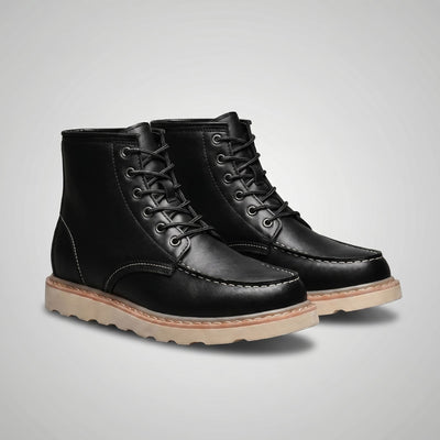 FORCIANO CONQUER black height increasing boots shown as a pair from a front three-quarter angle with lace-up fronts, contrast stitching, and durable leather outsoles.