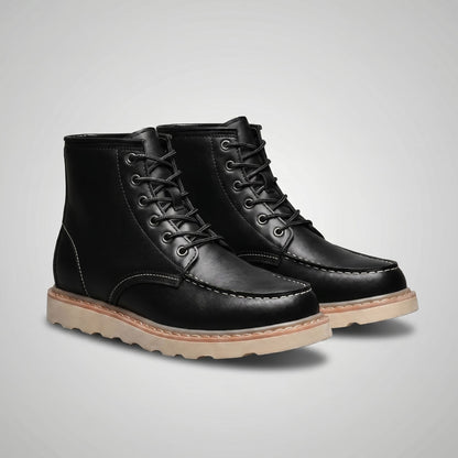 FORCIANO CONQUER black height increasing boots shown as a pair from a front three-quarter angle with lace-up fronts, contrast stitching, and durable leather outsoles.