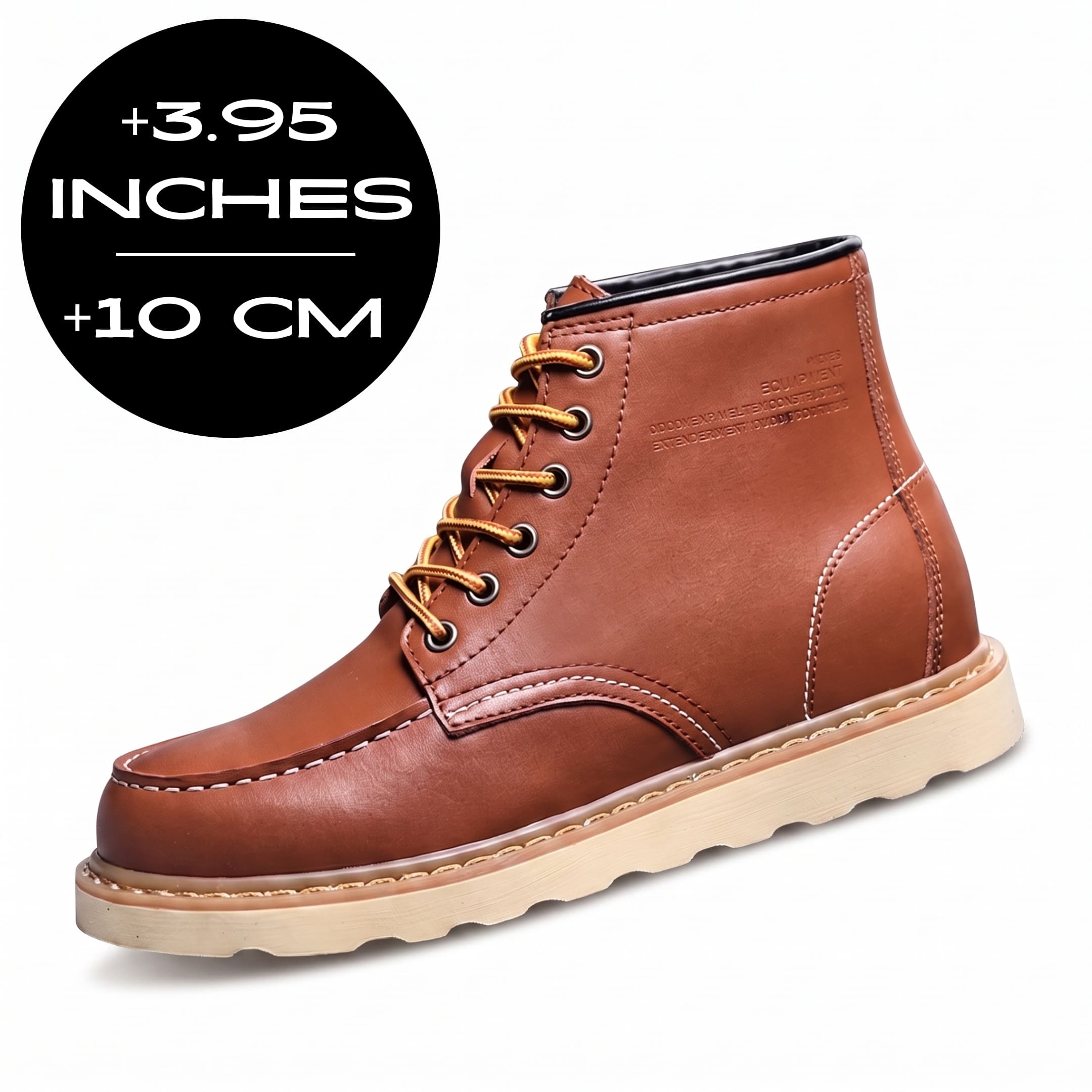 FORCIANO CONQUER brown elevator boots shown from a front three-quarter angle with a visible 3.95 inches / 10 cm height graphic and durable leather outsole.