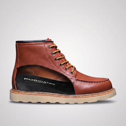 FORCIANO CONQUER brown hidden lift boots shown in a cutaway side view revealing the internal FORCIANO lift structure above the durable leather outsole.