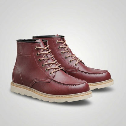 FORCIANO CONQUER red height increasing boots displayed as a pair from the front angle with tan laces, stitched moc-toe detailing, and durable leather outsoles.