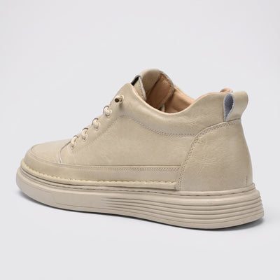 FORCIANO COURAGE Beige Height-Increasing Shoes shown from a rear three-quarter angle with premium leather upper, stitched heel section and light sole.