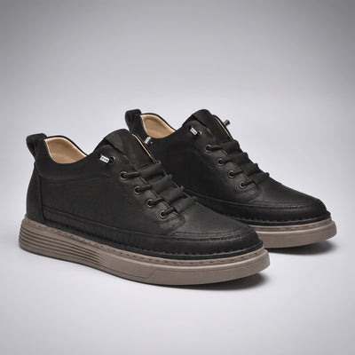 FORCIANO COURAGE Black Height-Increasing Shoes shown as a front-angle pair with premium leather uppers, black laces and brown-toned soles.