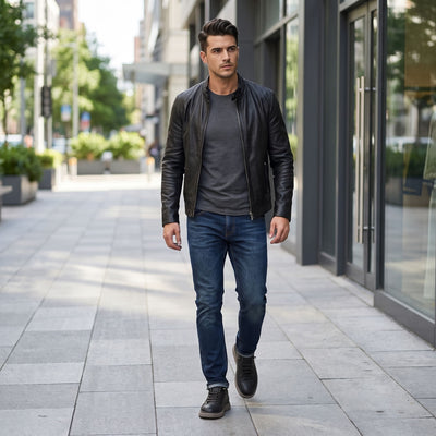 FORCIANO COURAGE Black Height-Increasing Shoes with premium leather uppers worn by a man walking in a casual urban lifestyle setting.
