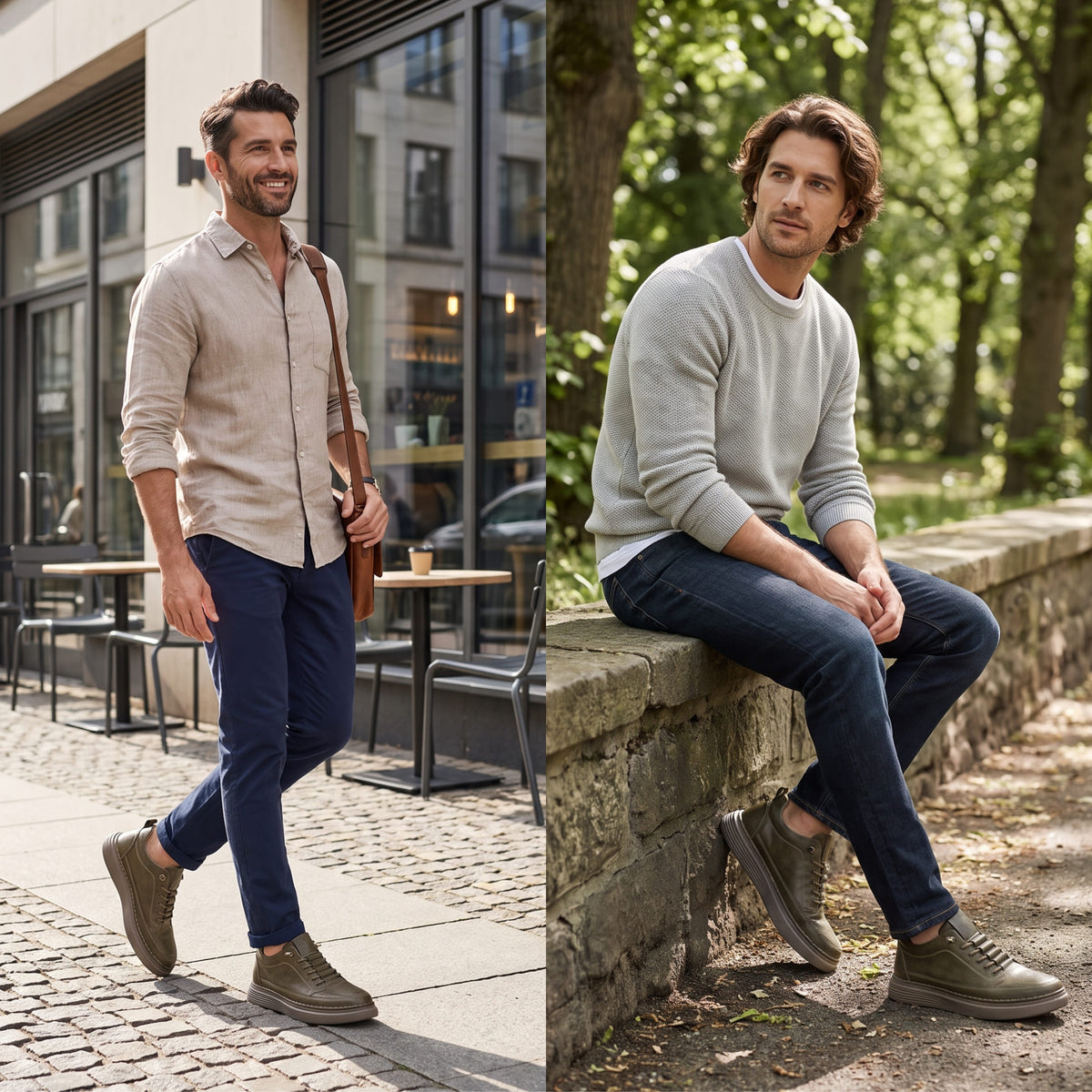 FORCIANO COURAGE Brown Height-Increasing Shoes with premium leather uppers shown in a two-view casual lifestyle scene with walking and seated styling.