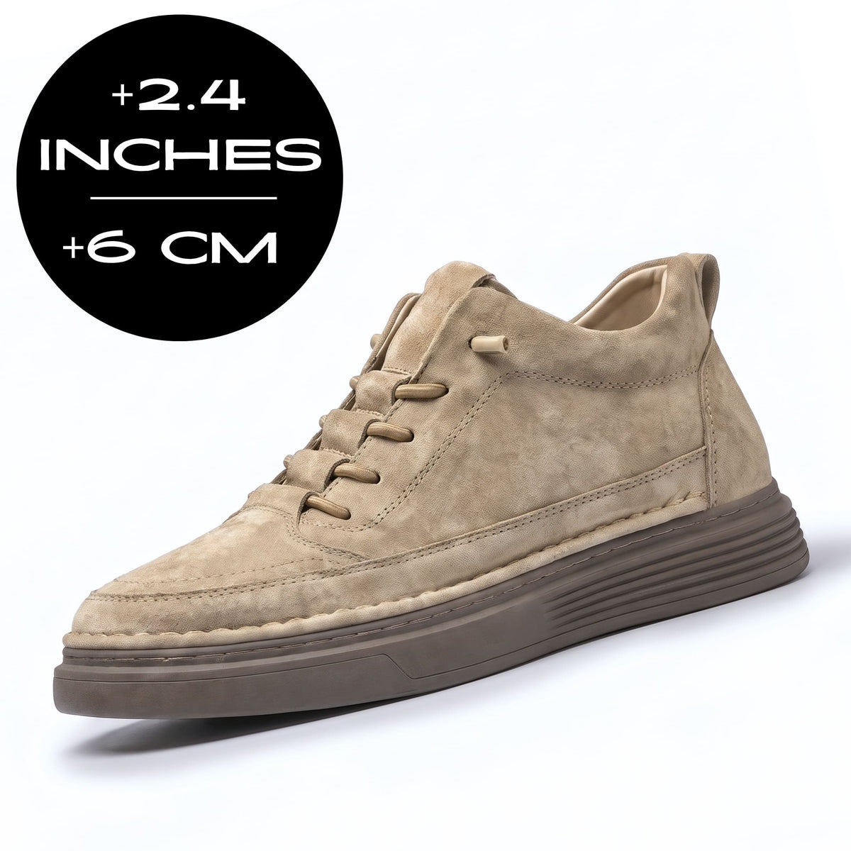 FORCIANO COURAGE Sand Height-Increasing Shoes with premium leather upper shown from a front three-quarter angle beside the 6 cm / 2.4" height graphic.