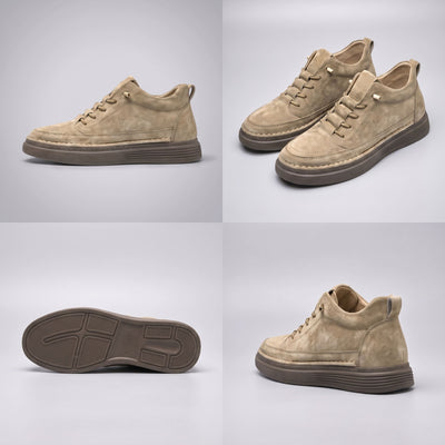 FORCIANO COURAGE Sand Height-Increasing Shoes shown in a multi-view collage with side profile, pair, outsole and rear-angle views of the premium leather design.