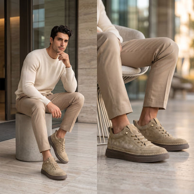 FORCIANO COURAGE Sand Height-Increasing Shoes with premium leather uppers worn in a two-view seated casual lifestyle setting.