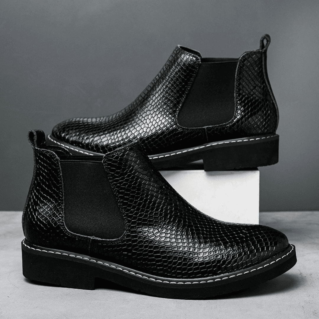 FORCIANO CROXTON black textured leather elevator boots displayed as a pair in layered side-profile and front-angle views.
