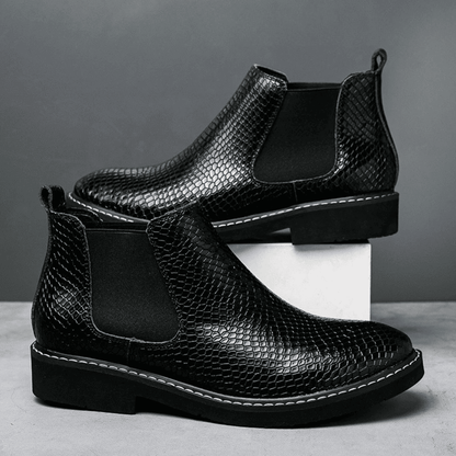 FORCIANO CROXTON black textured leather elevator boots displayed as a pair in layered side-profile and front-angle views.