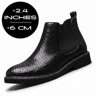 FORCIANO CROXTON black Elevator Boots with a textured snakeskin-style finish, elastic side panel, and 2.4-inch / 6 cm height increase.