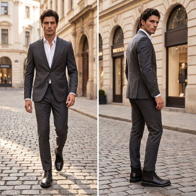 FORCIANO CROXTON Elevator Boots in black premium leather worn with a gray suit in front and rear formal lifestyle views